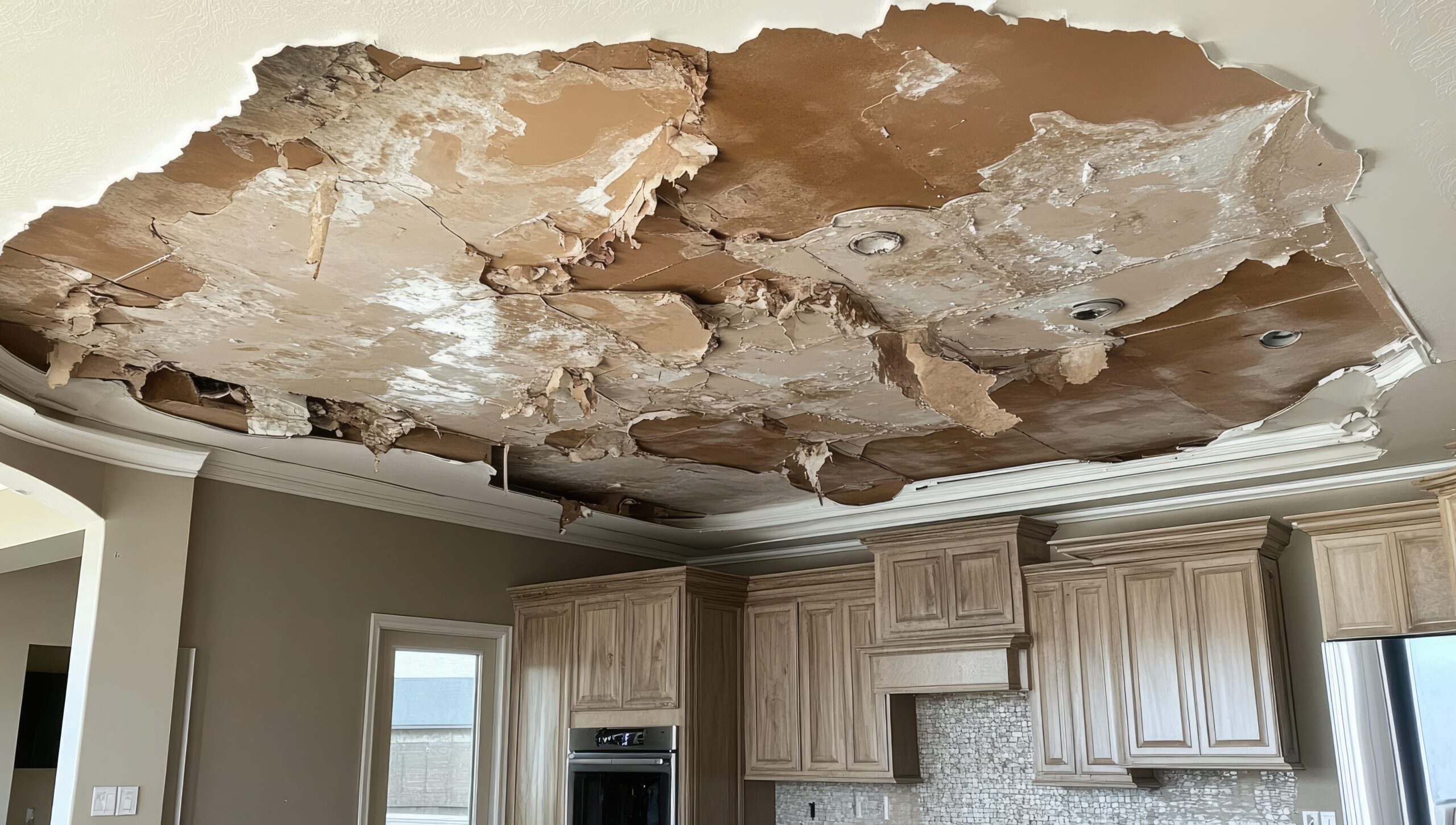 Damaged ceiling with large hole, water damage