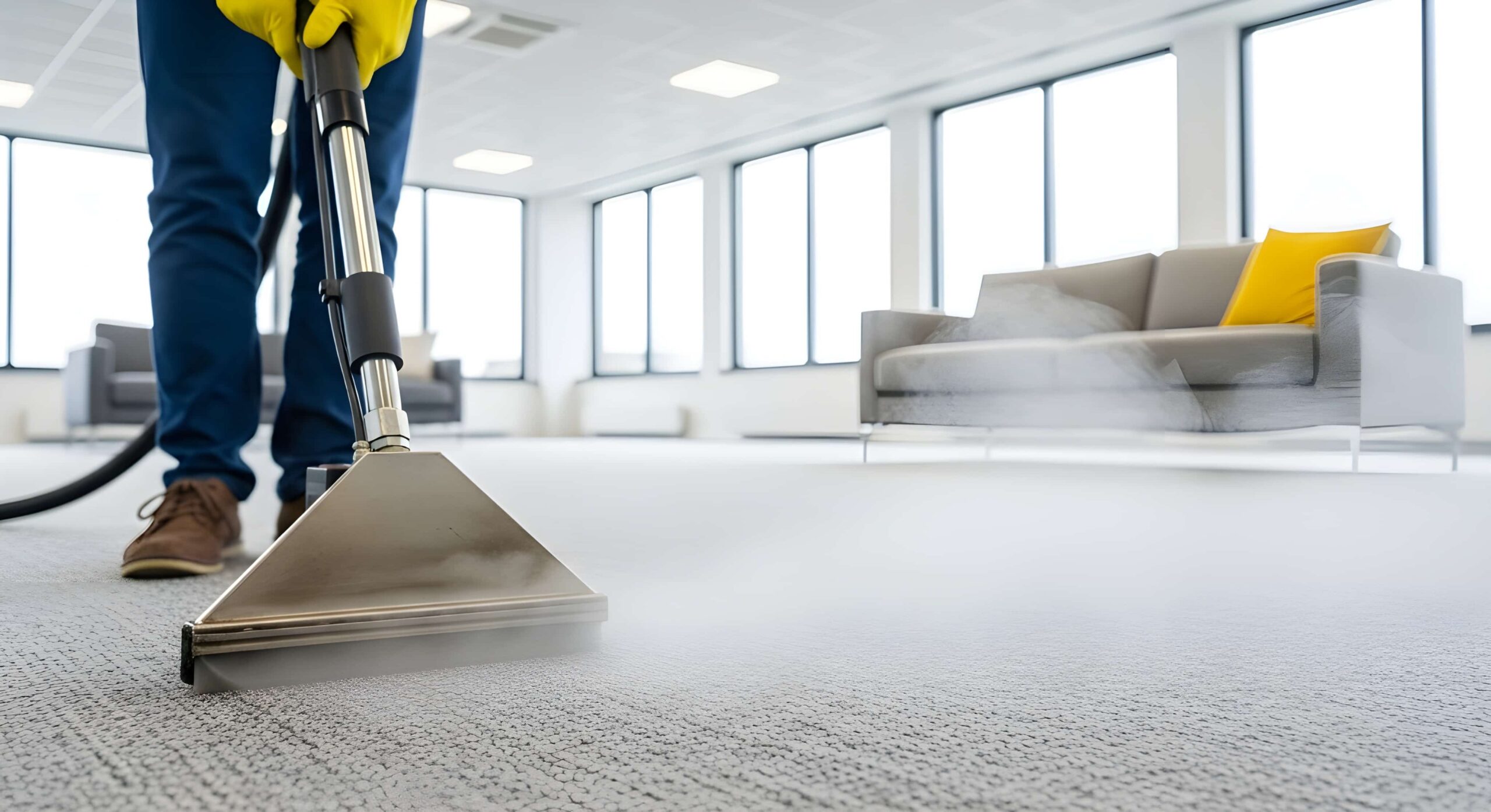 Professional worker steam cleaning carpet